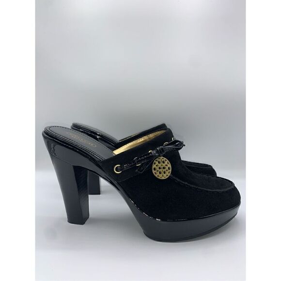 Coach Jodey Signature Black Suede Leather Heeled Platform Clogs - Picture 1 of 11